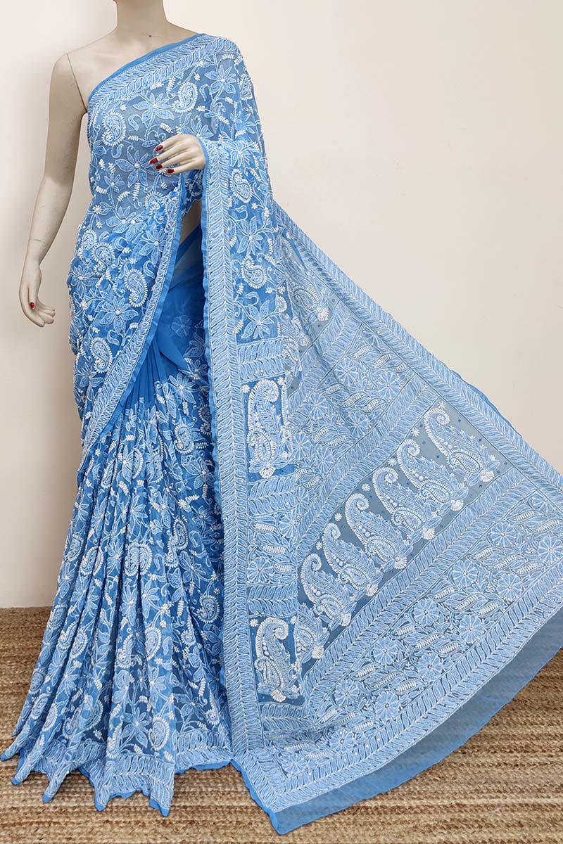 teal blue Color Allover Hand Embroidered Lucknowi Chikankari Saree with Pearl Sequence work (With Blouse - Georgette) MC252922