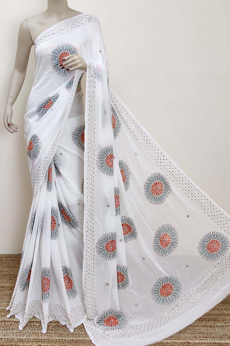 White Colour dyeable viscose Lucknowi Chikankari with Mukaish work (saree with blouse) MC252923