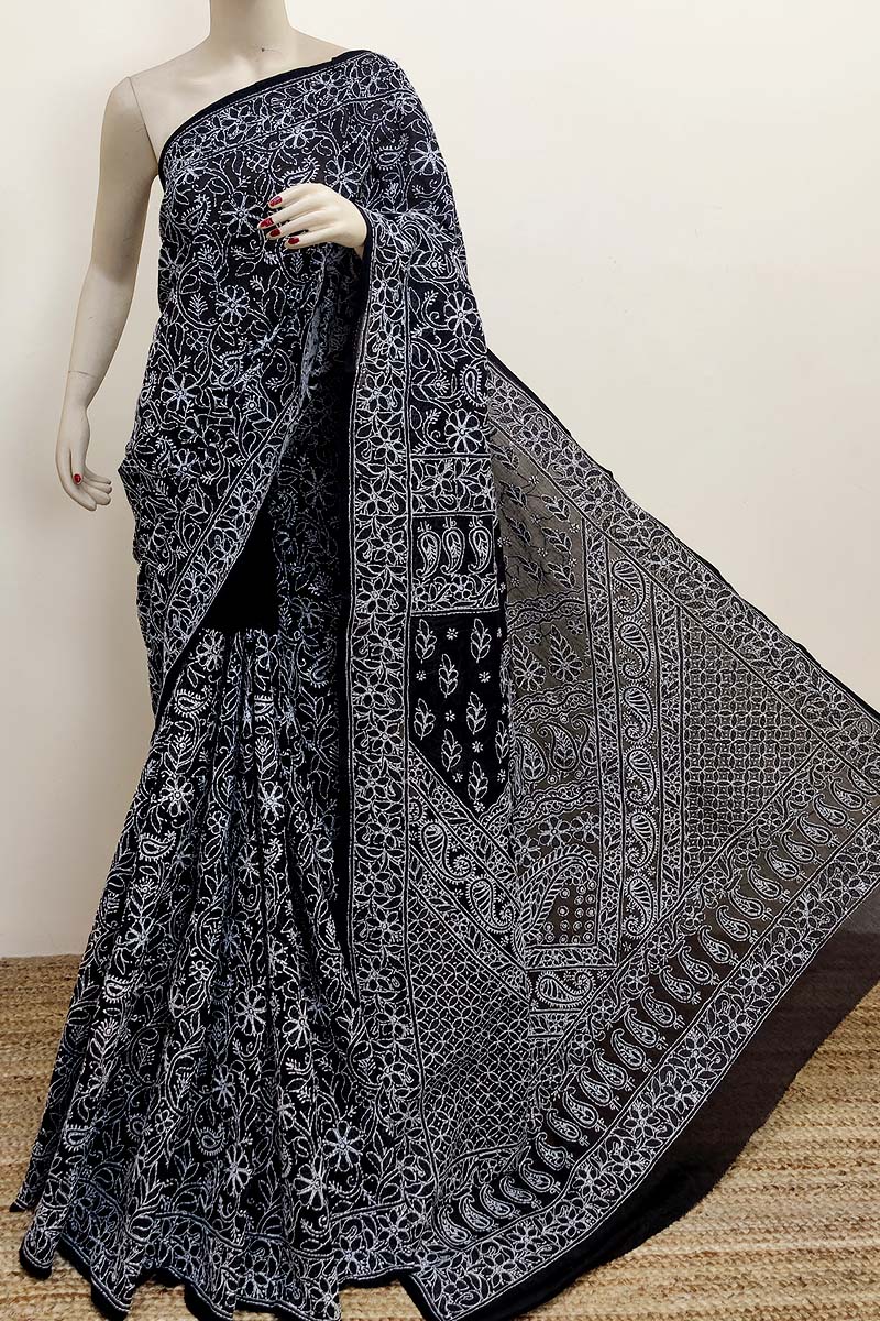 Black Colour Cotton Allover Lucknowi Chikankari (Saree with Blouse) MC252924