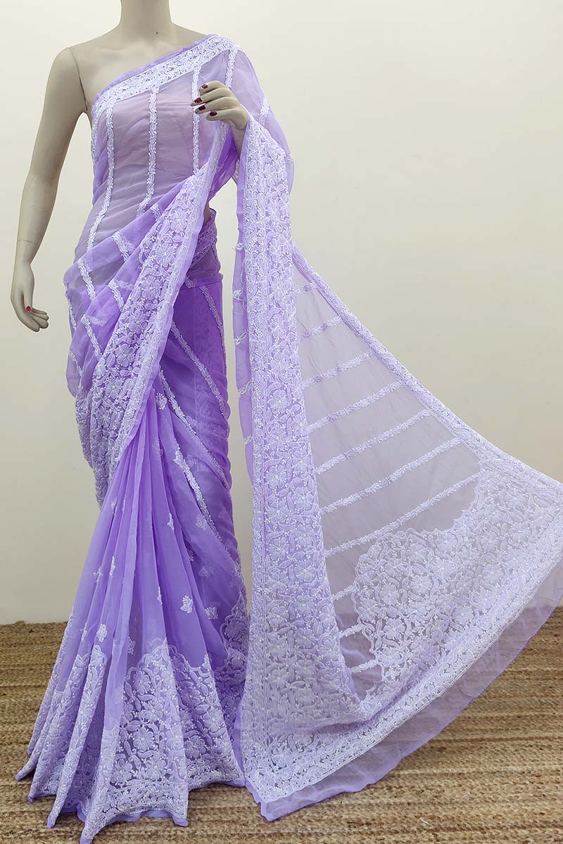 Lavender Color Hand Embroidered Lucknowi Chikankari Saree (With Blouse - Georgette) MC252486