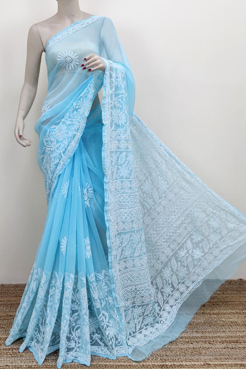 Sky Blue Colour Georgette Lucknowi Chikankari (Saree with Blouse) MC252583