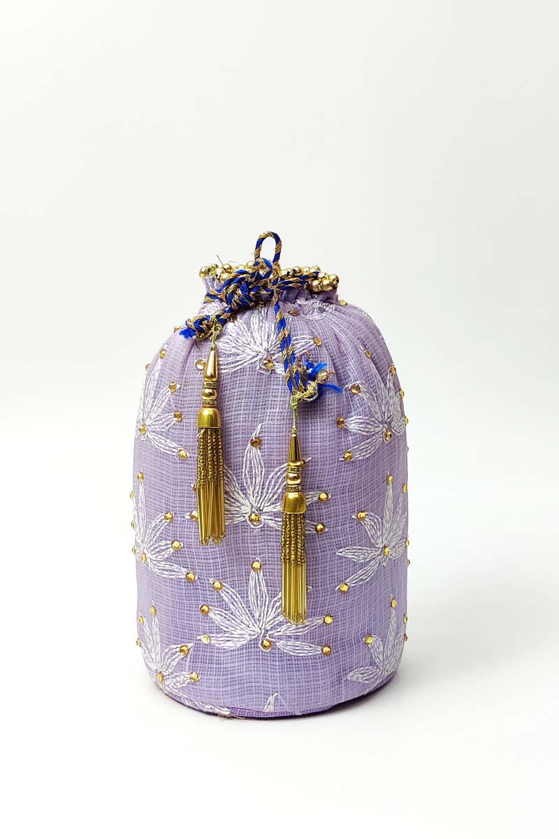 Lavender Color Women Hand Embroidered Chikankari Potli Bag Mc251518