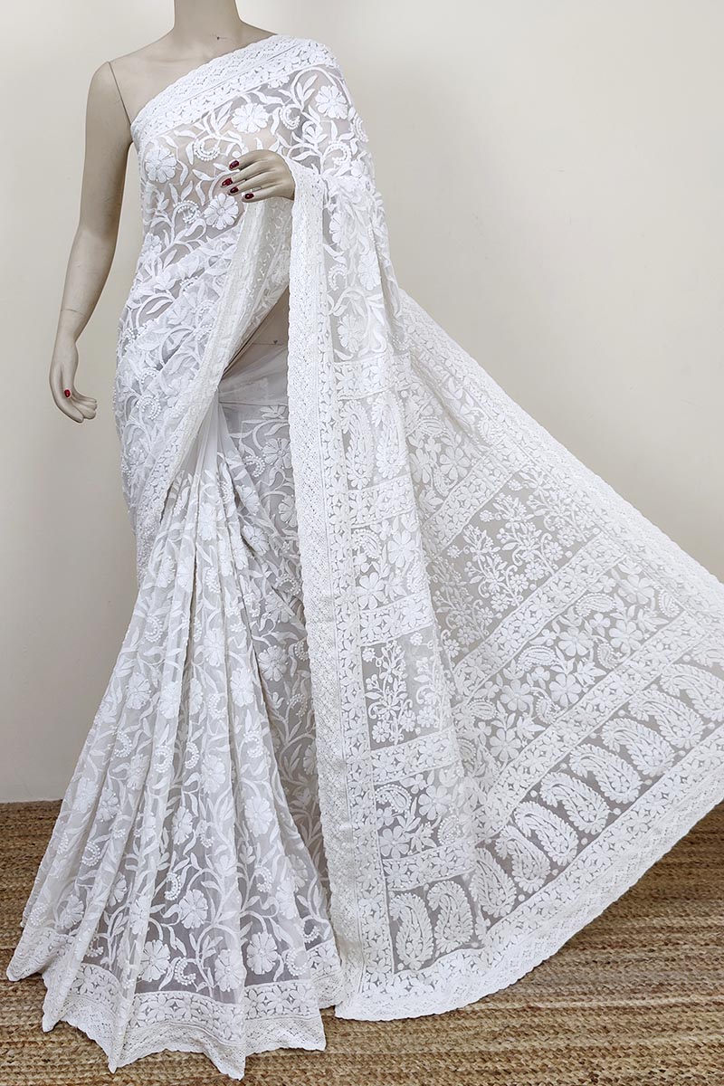 White Color Allover Hand Embroidered Lucknowi Chikankari Saree (with Blouse - Georgette) Mc252793