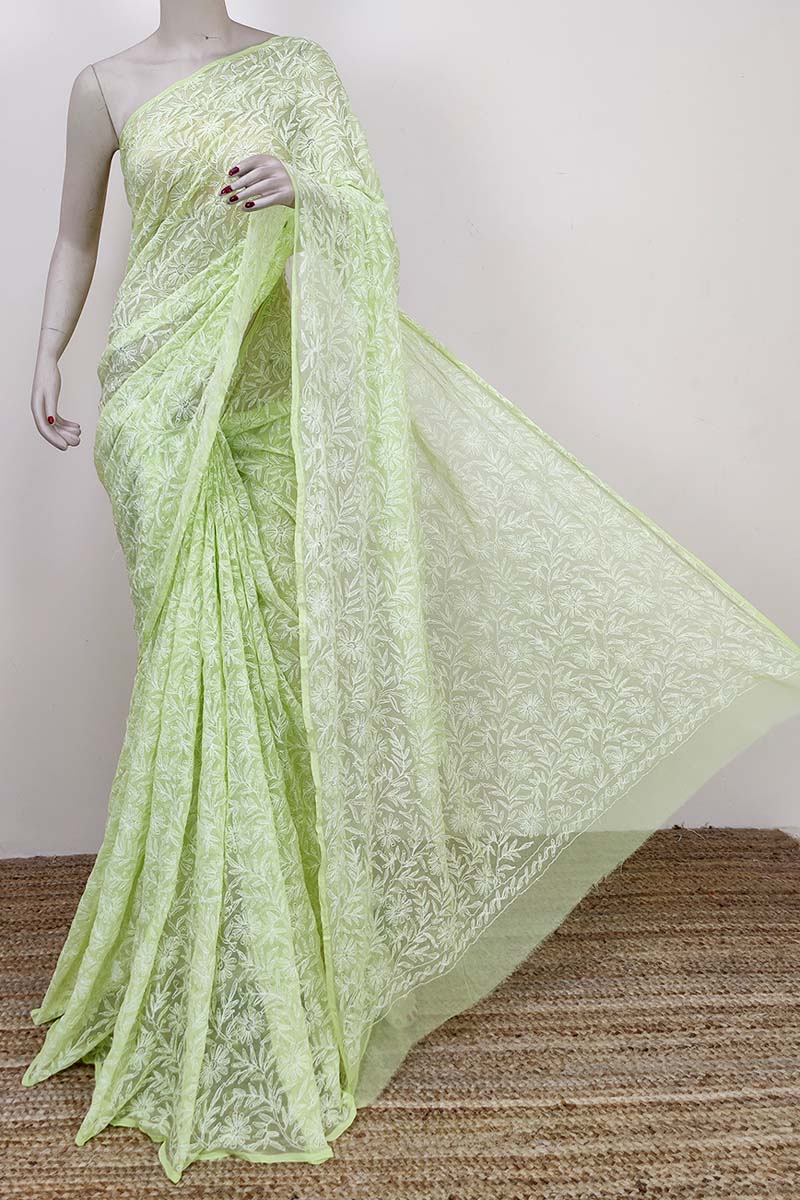 Green Colour Georgette Lucknowi Chikankari Tepchi Saree (with Blouse) MC252794