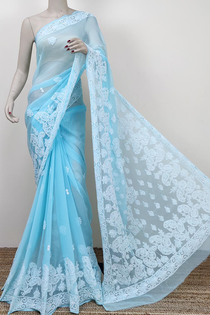 Blue color Designer Hand Embroidered Lucknowi Chikankari Saree (With Blouse - Georgette) MC252795