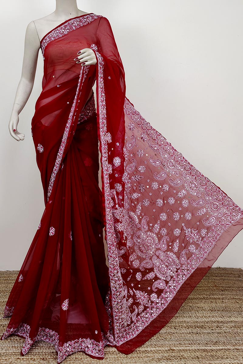 Maroon color Hand Embroidered Lucknowi Chikankari Saree with gota patti work (With Blouse - Georgette) MC252796