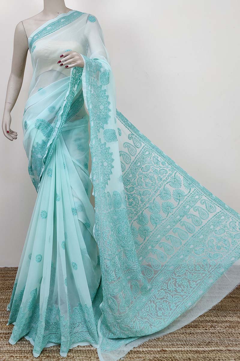 Mint color Designer Hand Embroidered Lucknowi Chikankari Saree (With Blouse - Georgette) MC252797