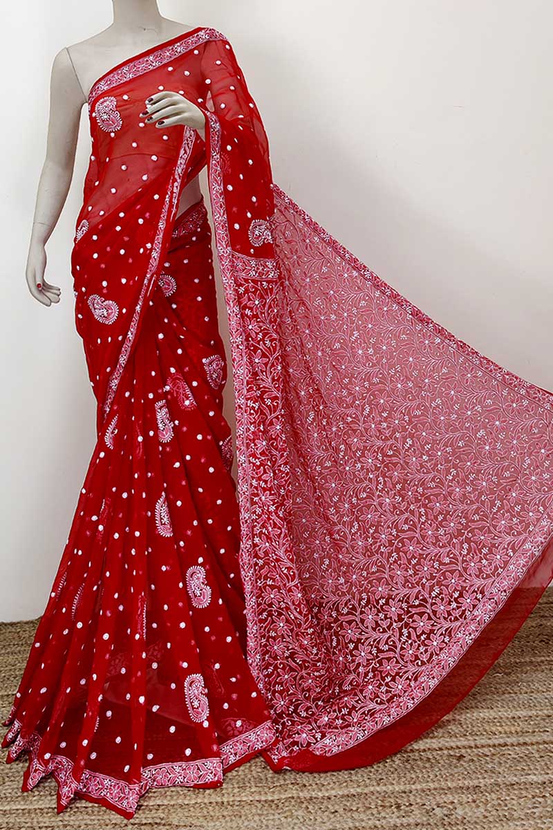 Red Color Booti Jaal Designer Hand Embroidered Lucknowi Chikankari Saree (With Blouse - Georgette) MC252322