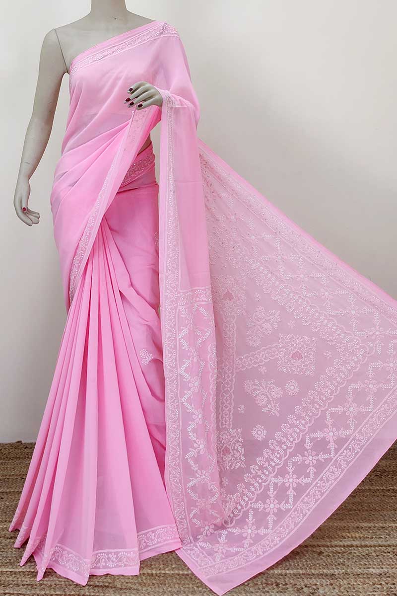 White Pink Semi Georgette Chikankari Saree – Keep Attempting :)