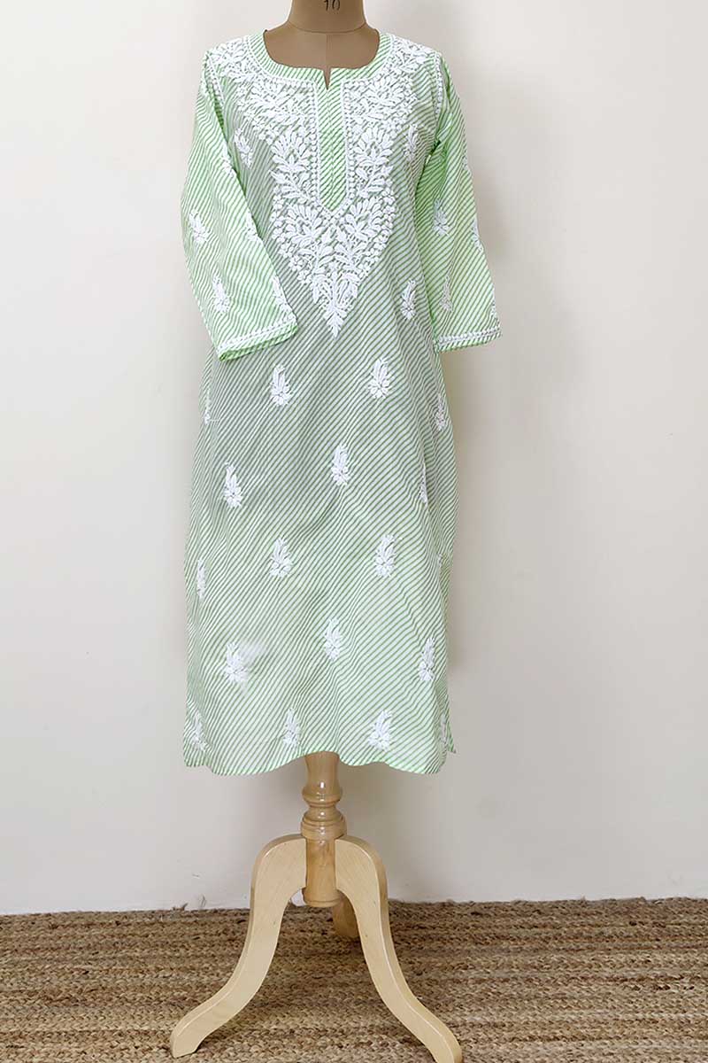 Light green Color lahariya print kurta Hand Embroidered Lucknowi Chikankari  ghaas Patti Kurta (Cotton) MC252332