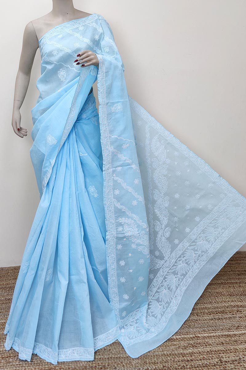 Sky Blue Colour Cotton Lucknowi Chikankari Saree (with Blouse) MC252824