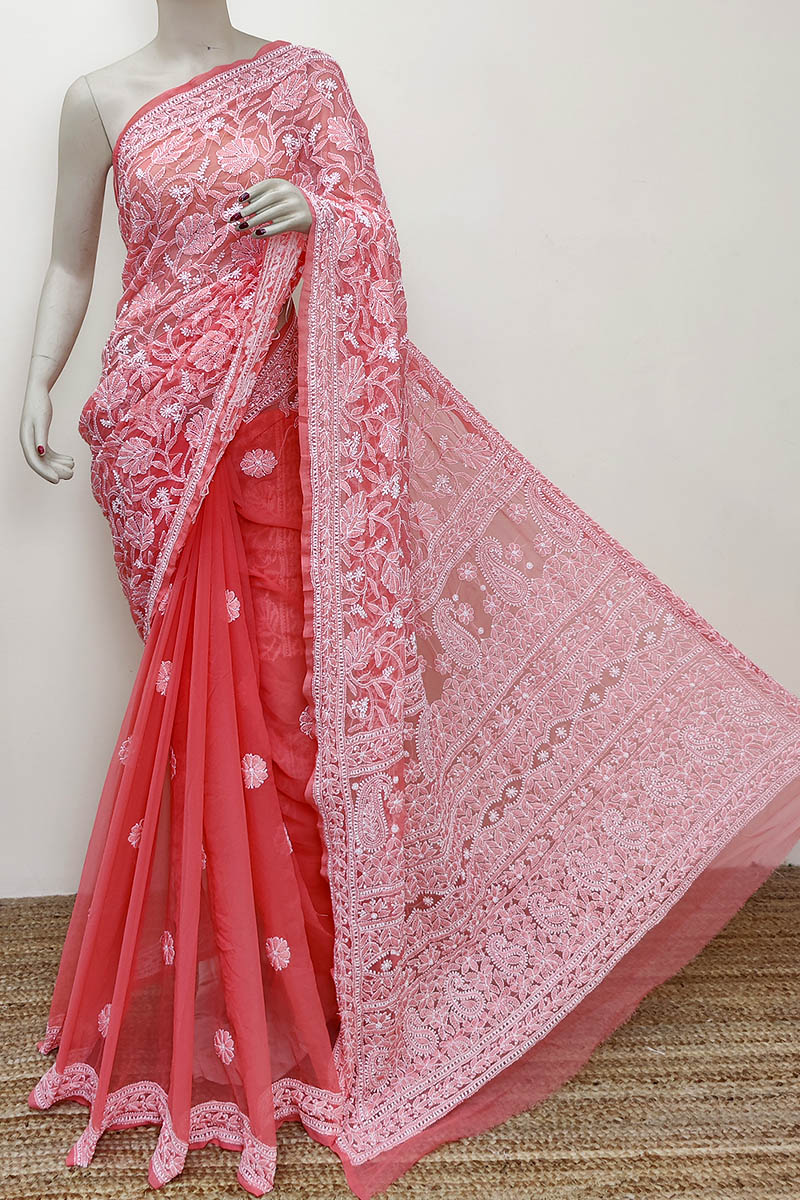 Carrot color Designer Hand Embroidered Lucknowi Chikankari Saree (With Blouse - Georgette) MC252825