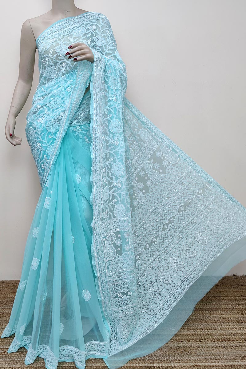 Sea Green color Designer Hand Embroidered Lucknowi Chikankari Saree (With Blouse - Georgette) MC252826