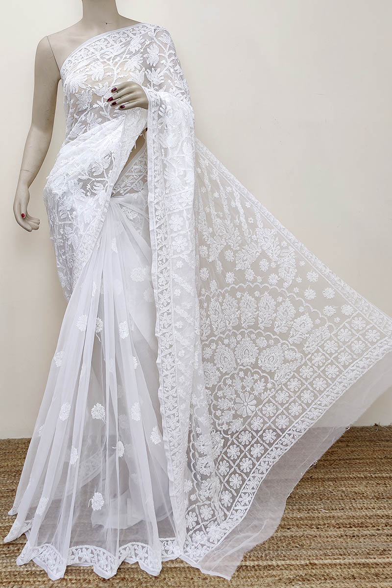 White color Designer Hand Embroidered Lucknowi Chikankari Saree (With Blouse - Georgette) MC252827