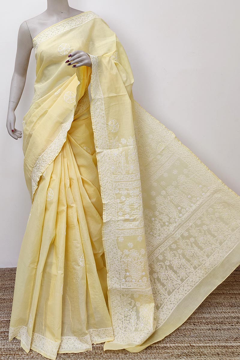 Light Yellow Colour Cotton Lucknowi Chikankari Saree (with Blouse) Mc252828