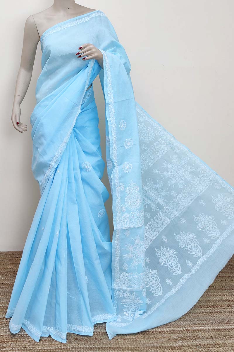 Sky blue Color Hand Embroidered Cotton Lucknowi Chikankari Saree (with Blouse) MC252929