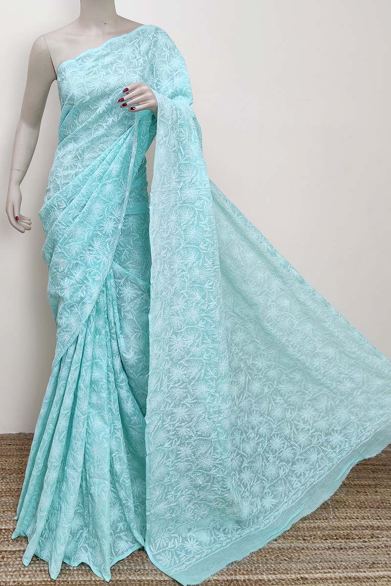 sea green color Kota cotton Hand Embroidered Tepchi Work Lucknowi Chikankari Saree (Without Blouse - Cotton) MC252930