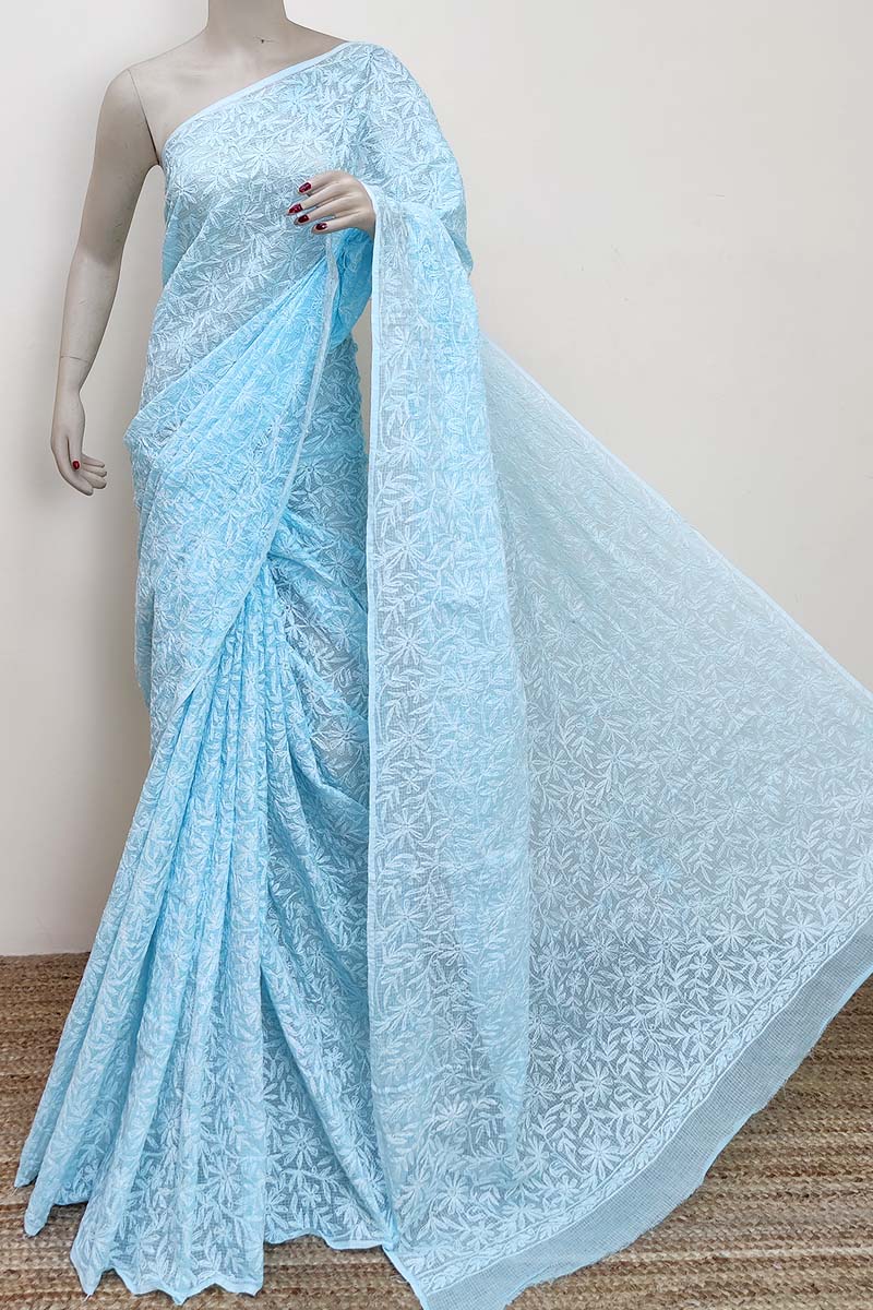 Sky Blue color Kota cotton Hand Embroidered Tepchi Work Lucknowi Chikankari Saree (Without Blouse - Cotton) MC252932