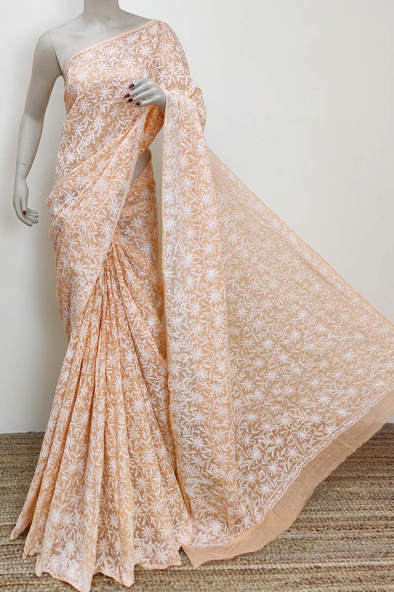 Light Orange color Kota cotton Hand Embroidered Tepchi Work Lucknowi Chikankari Saree (Without Blouse - Cotton) MC252933