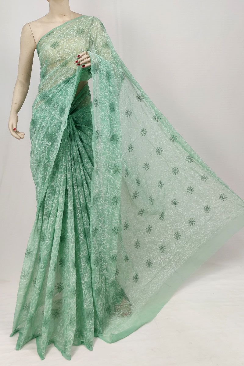Pista Green Color Georgette Allover Tepchi Lucknowi Chikankari Saree With Blouse MC253333