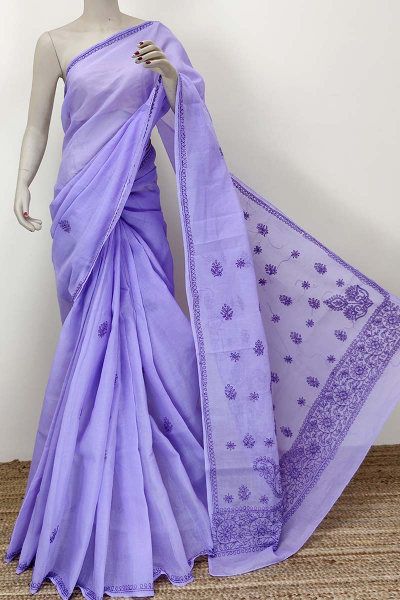 Lavender Color Hand Embroidered Lucknowi Chikankari Saree (With Blouse - Cotton) MC252419