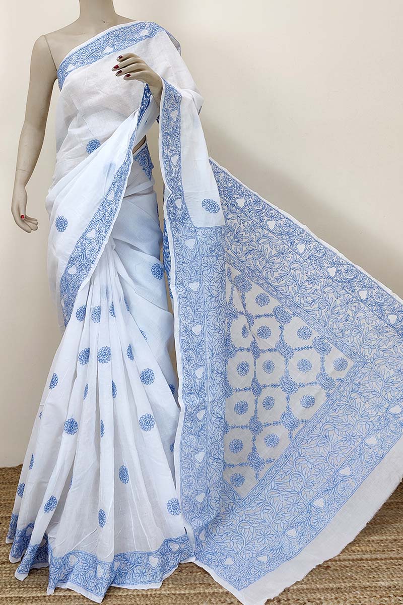White Color Hand Embroidered Lucknowi Chikankari Saree (With Blouse - Cotton) MC252421