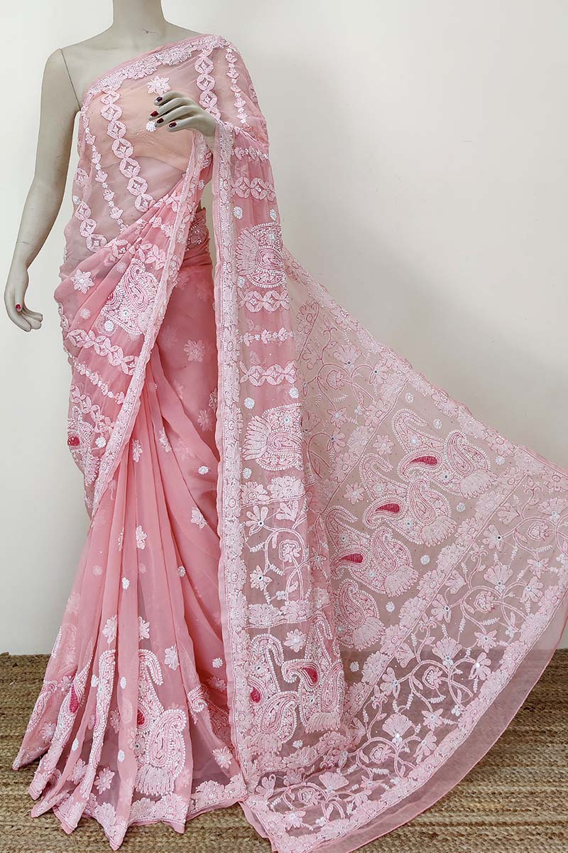 Peach Color Hand Embroidered Lucknowi Chikankari Saree (With Blouse - Georgette) MC252422