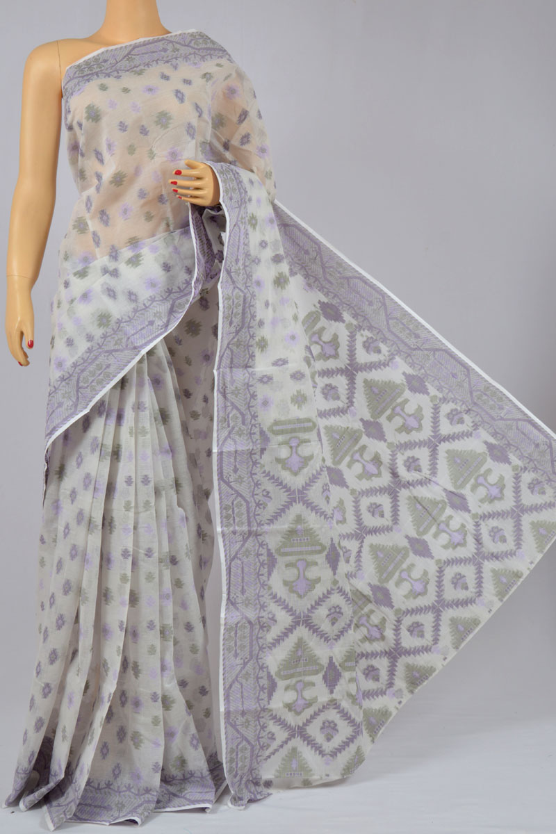 White Handwoven Dhakai Jamdani Saree With Foliage Designs - Charukriti -  4239982