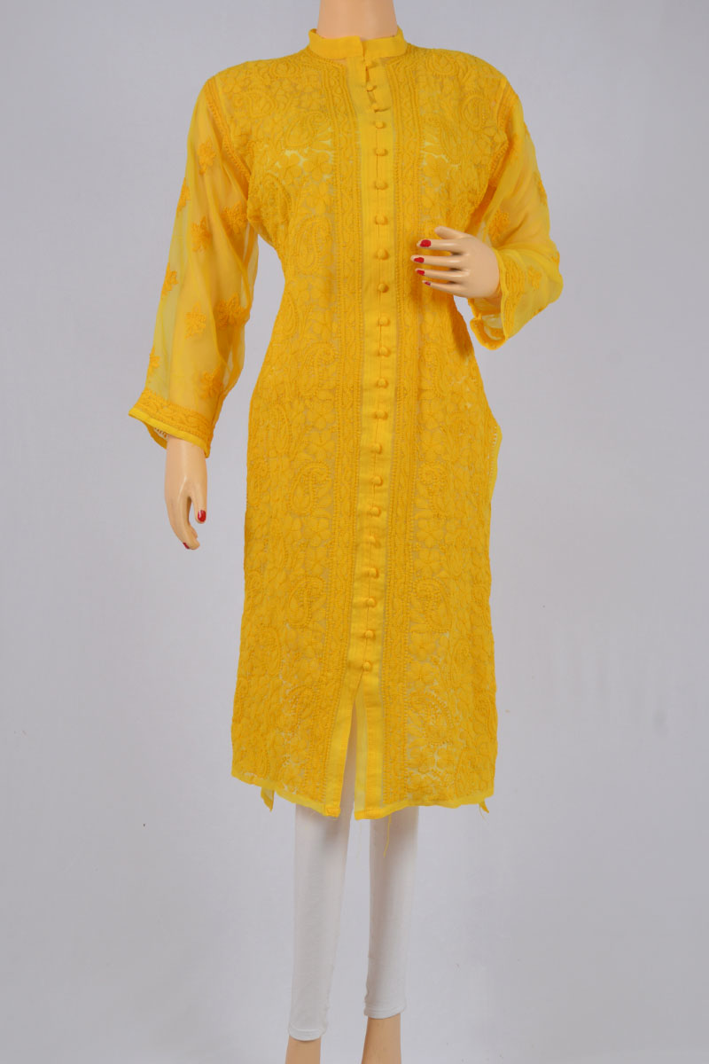 Yellow Color Hand Embroidered Lucknowi Chikankari Kurti (Georgette) - MCK20150