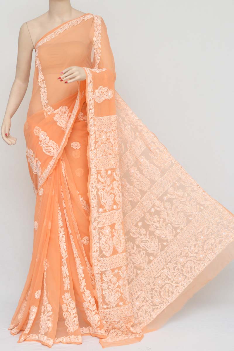 Orange Color Hand Embroidered Lucknowi Chikankari Saree  (With Blouse - Georgette) KC2510512
