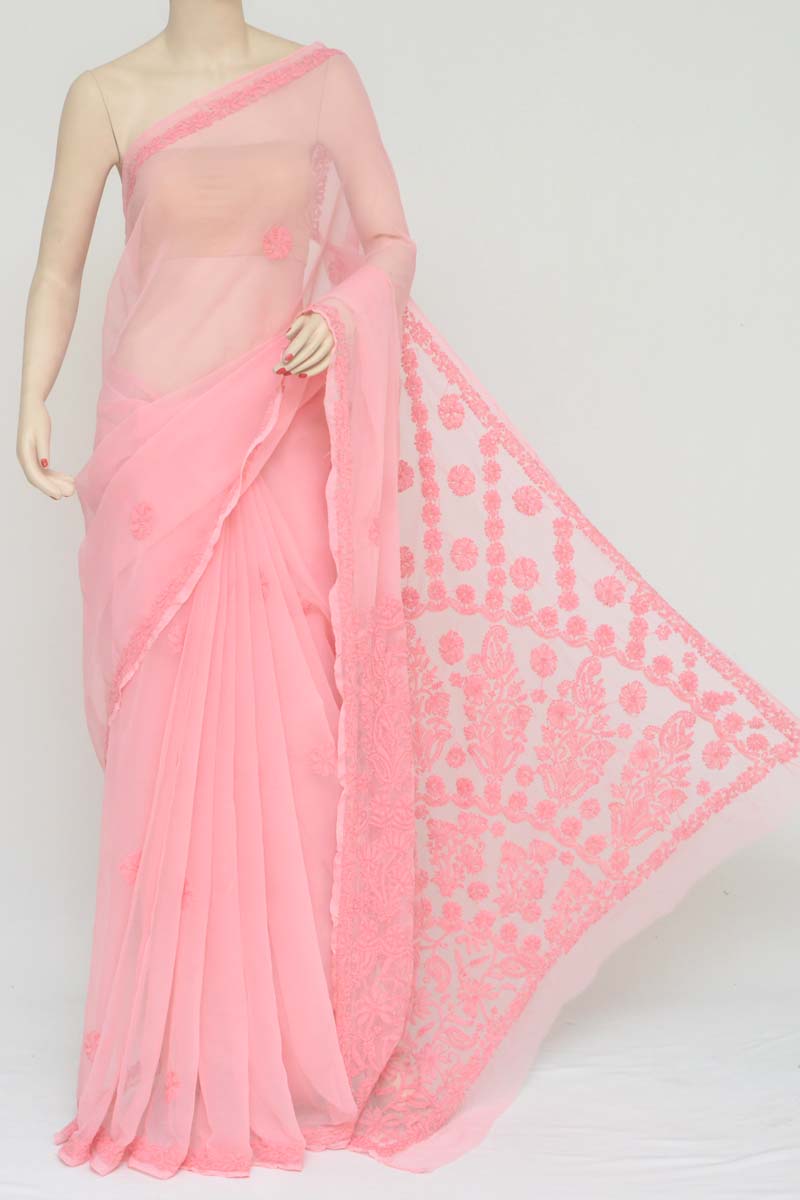 Peach Color Hand Embroidered Lucknowi Chikankari Saree  (With Blouse - Georgette) KC251054