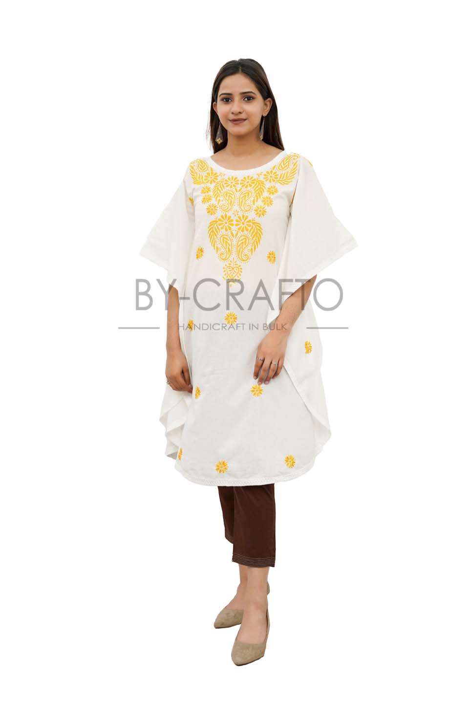 Maana Creation Hand Embroidered White With Yellow Work Cotton Lucknow Chikankari Kaftan– Ri1020