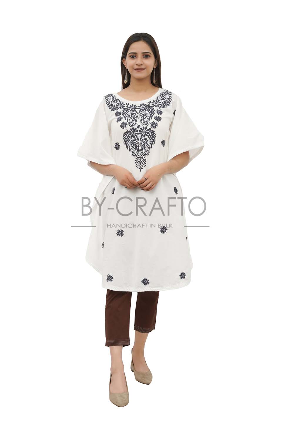 Maana Creation Hand Embroidered White With Blue Work Cotton Lucknow Chikankari Kaftan– Ri1021