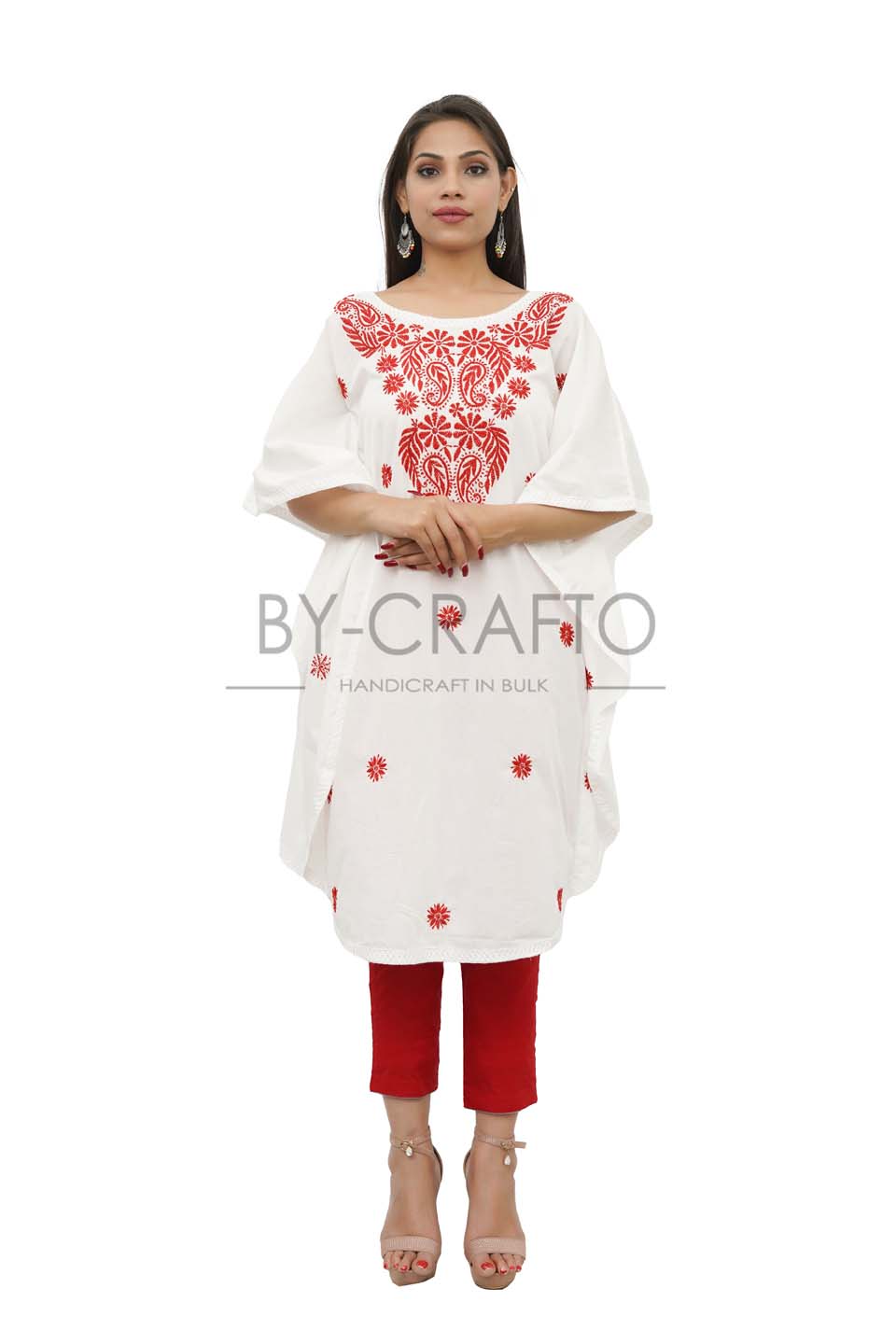 Maana Creation Hand Embroidered White With Red Work Cotton Lucknow Chikankari Kaftan– Ri1024
