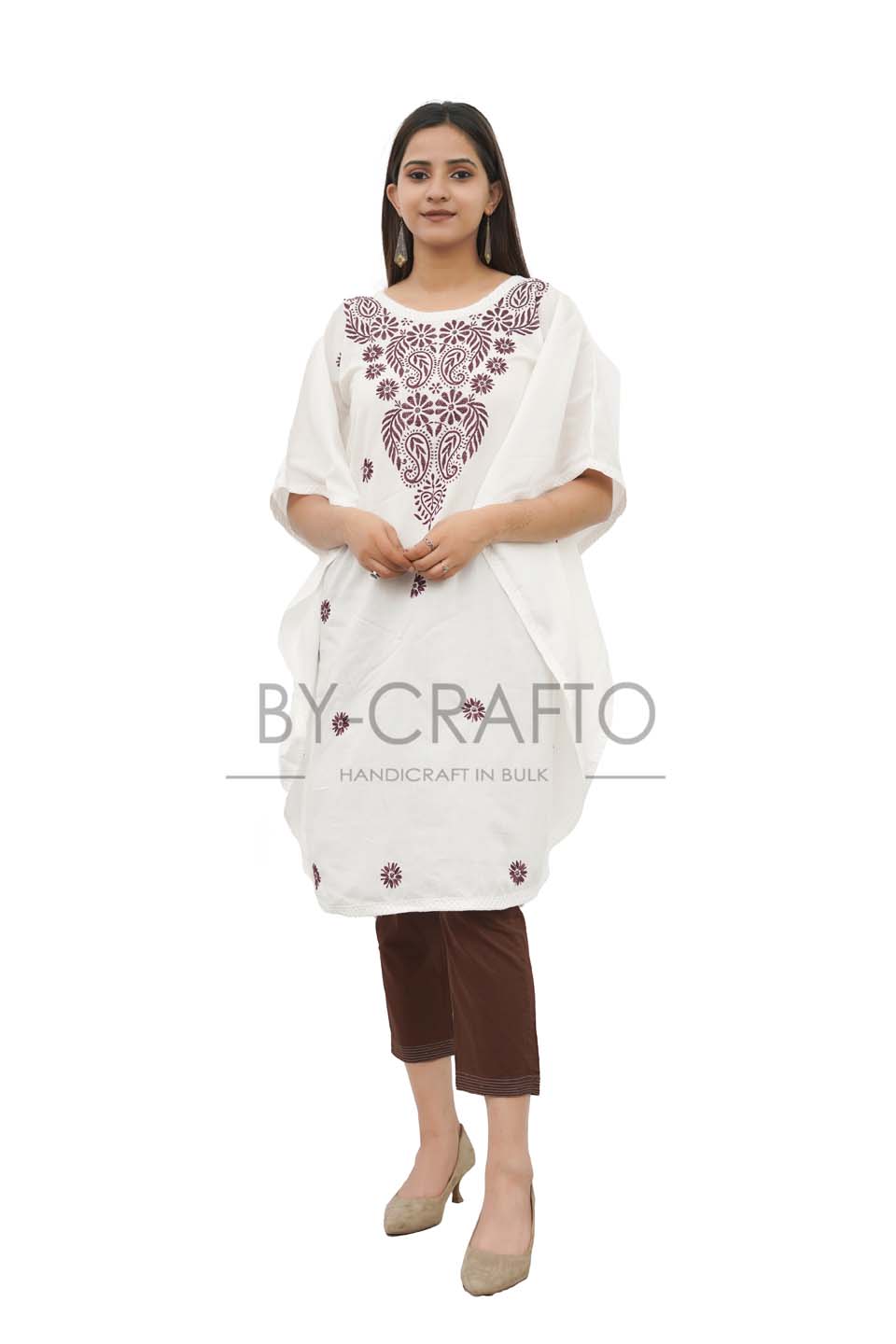 Maana Creation Hand Embroidered White With Violet Work Cotton Lucknow Chikankari Kaftan– Ri1025