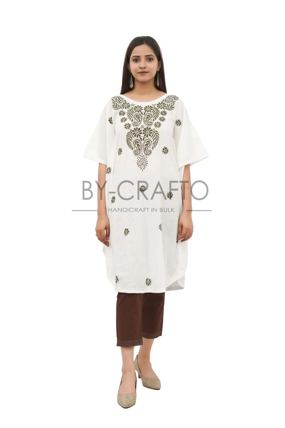 Maana Creation Hand Embroidered White With Green Work Cotton Lucknow Chikankari Kaftan– Ri1026