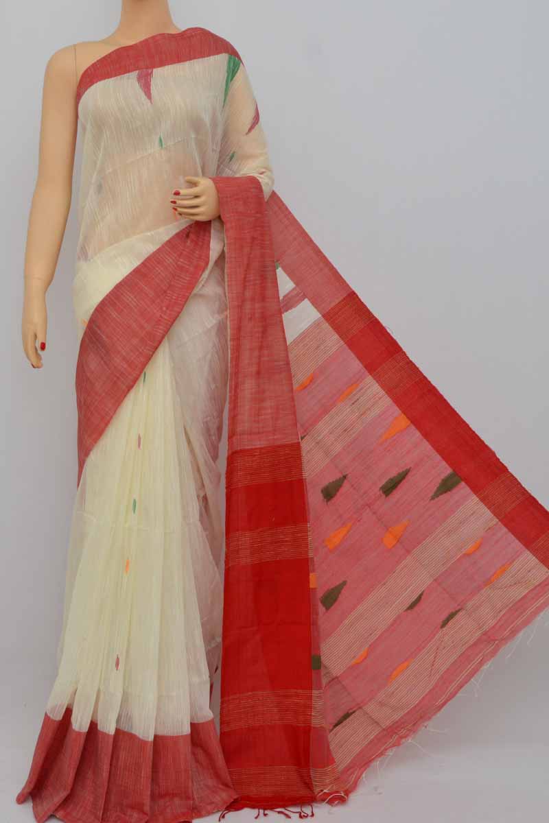 Online Red and White Traditional Khadi Cotton saree With Blouse Piece