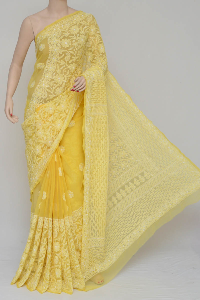 Gulzar Full Jaal Yellow Chikankari Saree – The Lucknowi Chikan