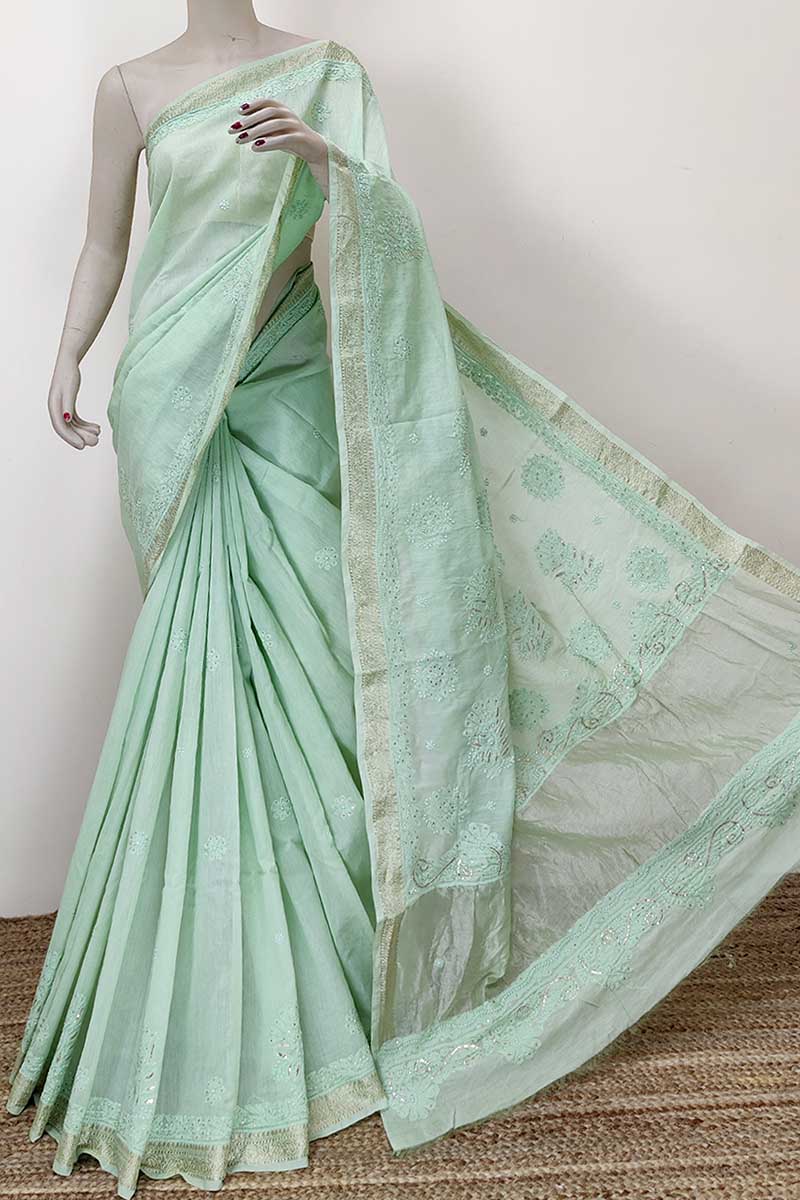 Pista green Color chanderi silk Chikankari saree with mukaish work (with blouse) MC252350