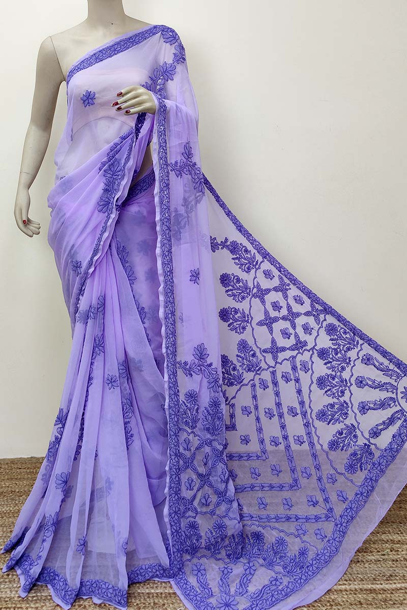 Lavender color Designer Hand Embroidered Lucknowi Chikankari Saree (With Blouse - Georgette) MC252829