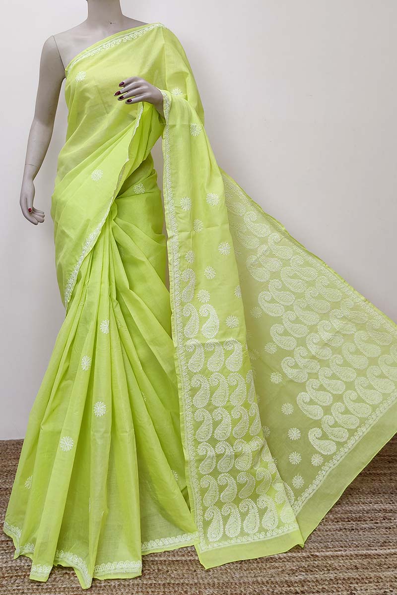 Green Colour Cotton Lucknowi Chikankari Saree (with Blouse) MC252831