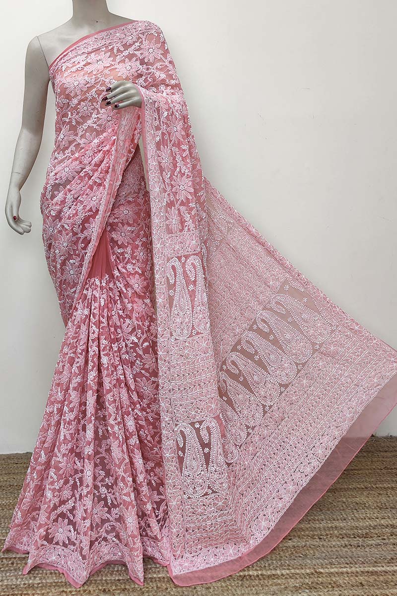 Peach Color Allover Hand Embroidered Lucknowi Chikankari Saree with mukaish work (With Blouse - Georgette) MC252832