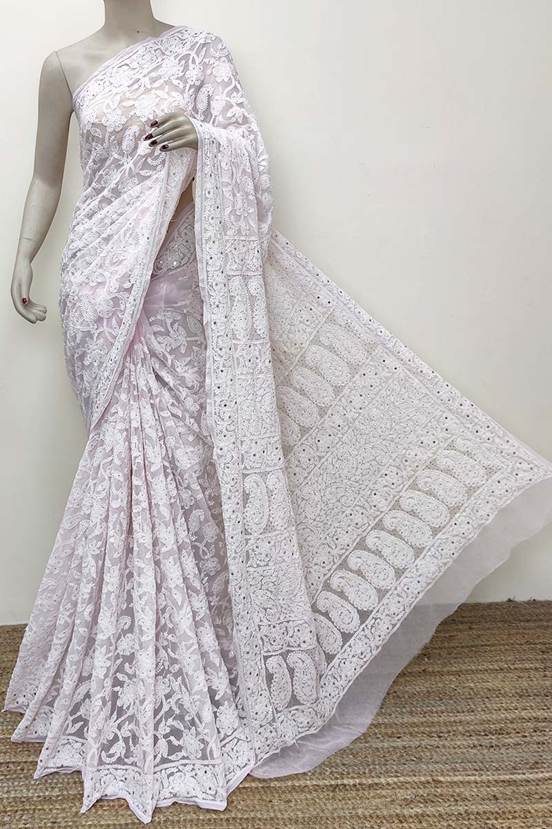 Baby Pink Color Allover Hand Embroidered Lucknowi Chikankari Saree with mukaish work (With Blouse - Georgette) MC252833