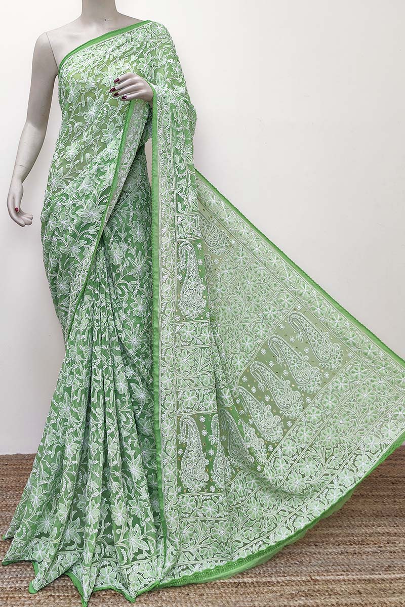 Green Color Allover Hand Embroidered Lucknowi Chikankari Saree with pearl sequence (With Blouse - Georgette) MC252834