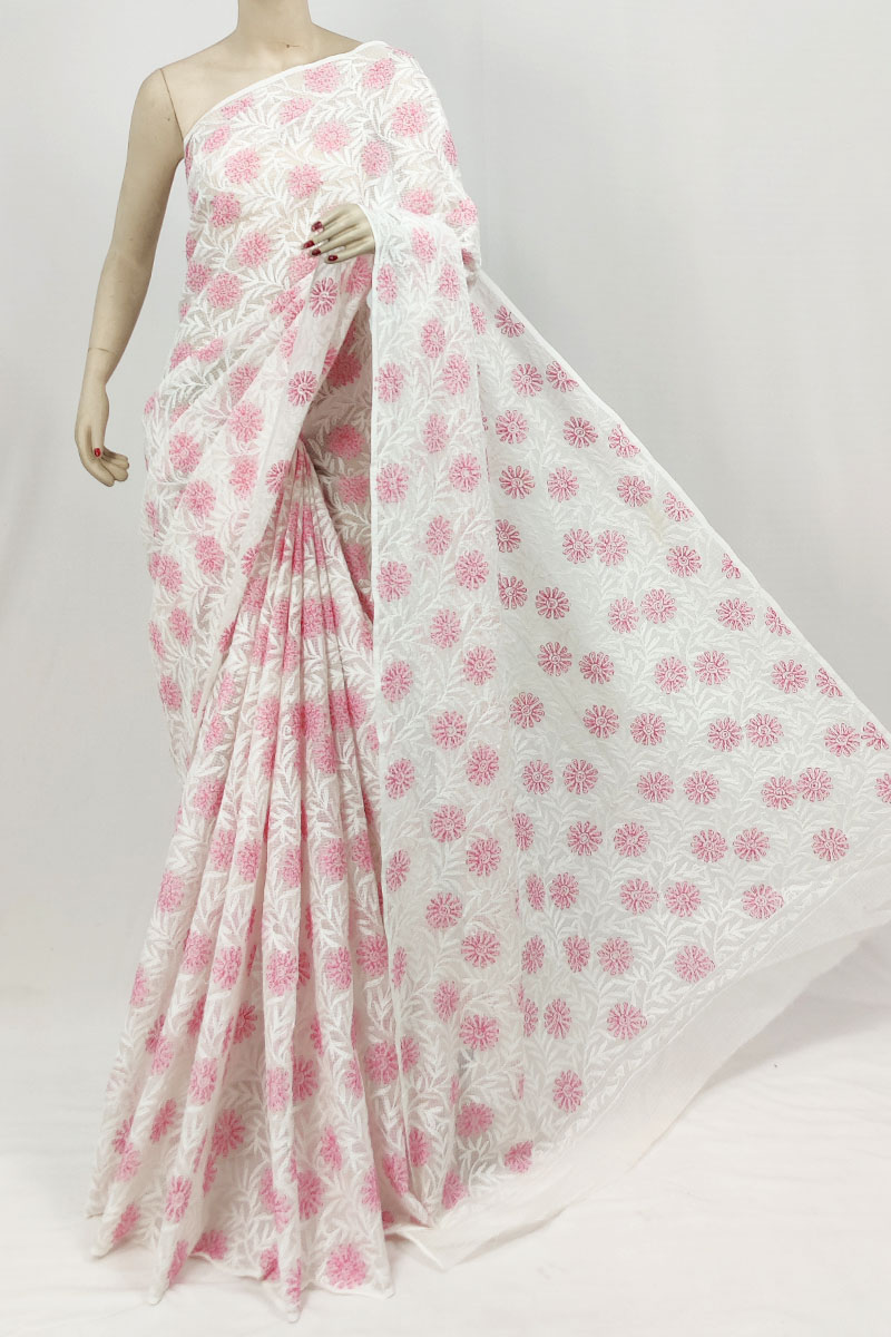 White Colour Kota Cotton Lucknowi Chikankari Saree Without Blouse MC253229