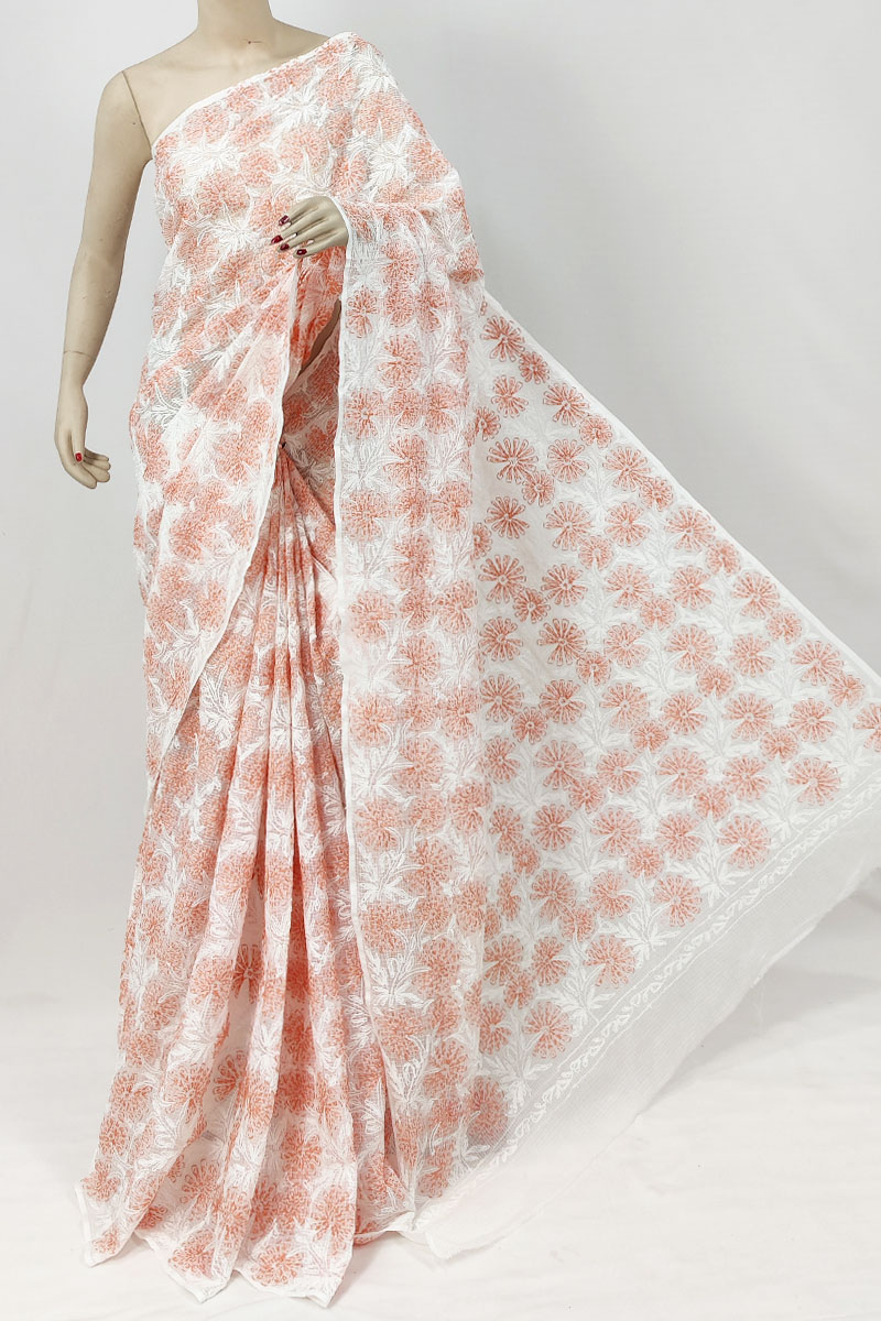 White Colour Kota Cotton Lucknowi Chikankari Saree Without Blouse MC253230