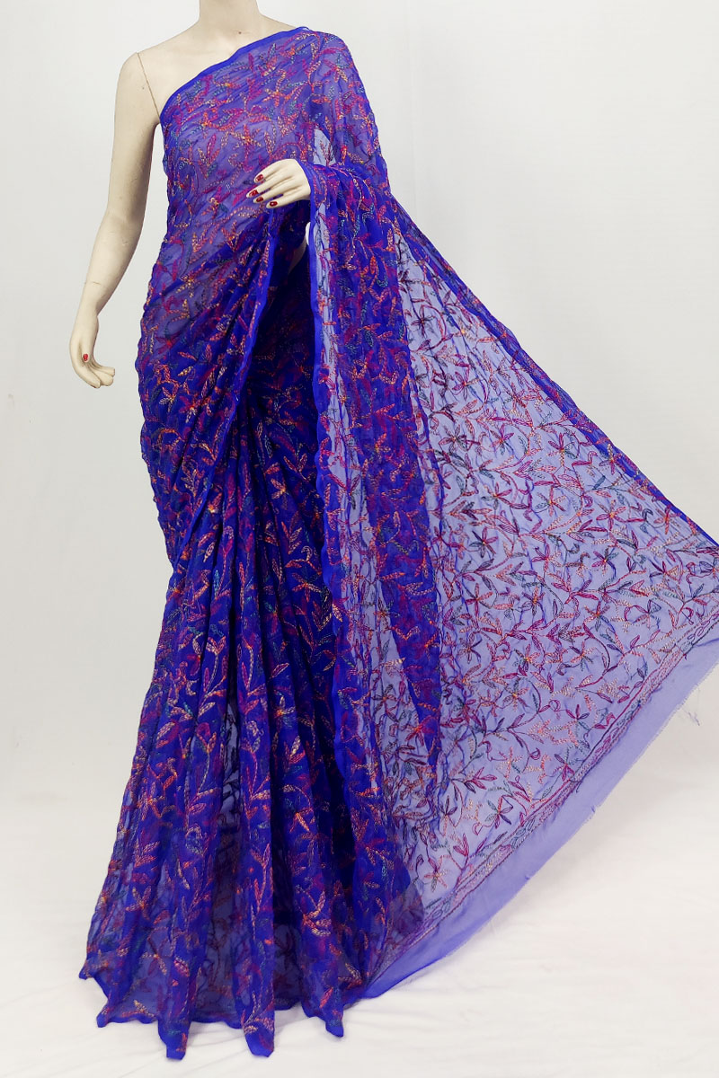 Blue Colour Multi Tepchi Georgette Allover Lucknowi Chikankari Saree With Blouse MC253227