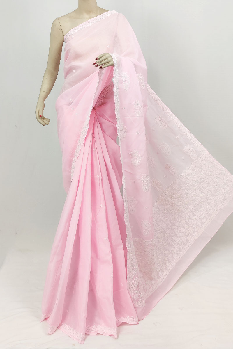 Baby Pink Colour Cotton Lucknowi Chikankari Saree With Blouse MC253228
