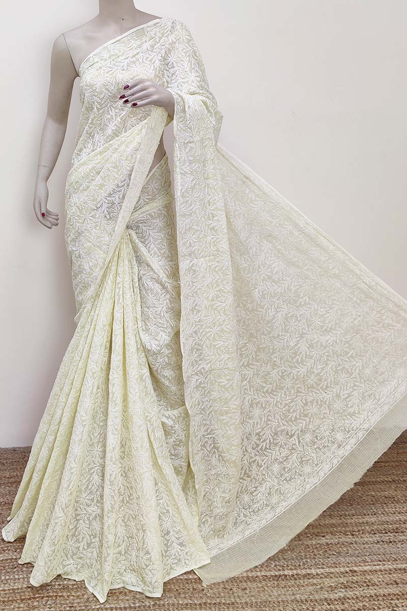 Lemon color Kota cotton Hand Embroidered Tepchi Work Lucknowi Chikankari Saree (Without Blouse - Cotton) MC252936