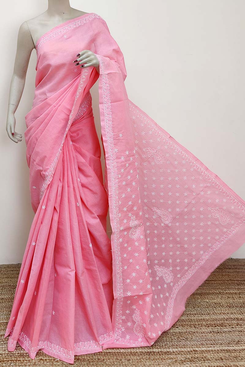 Peach Color Hand Embroidered Cotton Lucknowi Chikankari Saree (with Blouse) MC252937